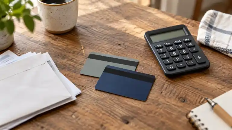 Two payment cards beside a calculator and an envelope on a wooden table