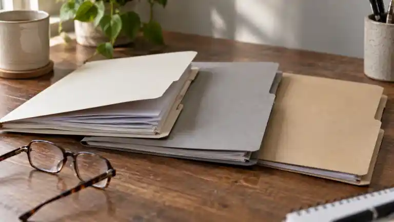 Three plain document folders and reading glasses on a table