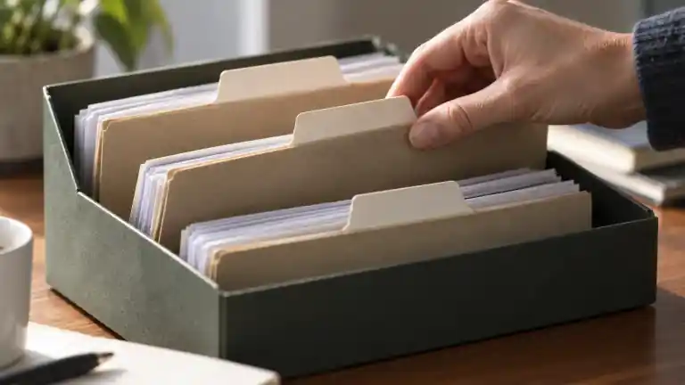 A hand selecting a paper folder from an organized file holder
