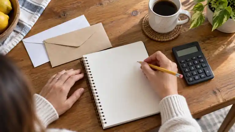 A person writing in a notebook beside two envelopes and a calculator