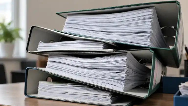 Worn ring binders and uneven stacks of paper on a shelf