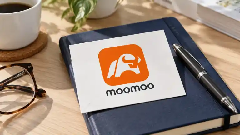 Moomoo logo card on a blue notebook beside glasses and a pen