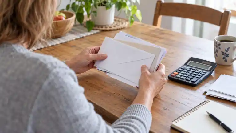 A person reviewing envelopes with a calculator at a home desk