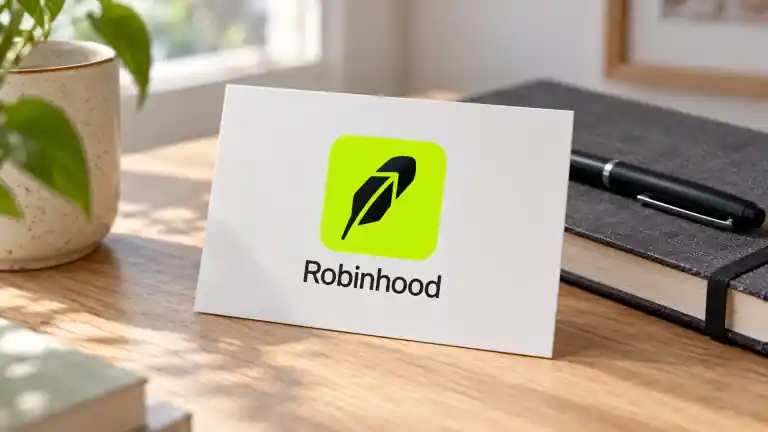 Robinhood logo card beside a closed notebook and black pen