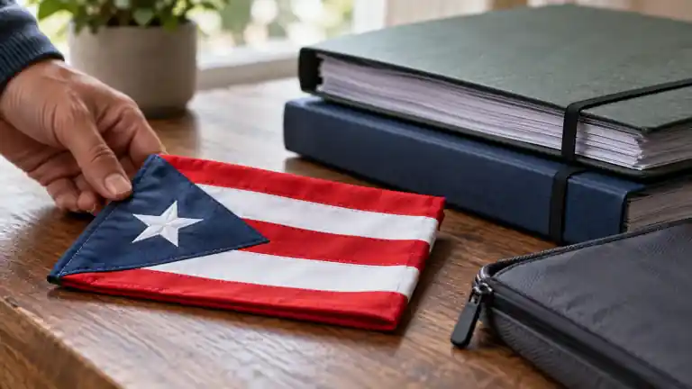 A folded Puerto Rico flag beside document folders and a pouch