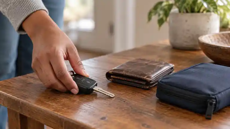 A hand holding a car key beside a wallet and a zippered pouch