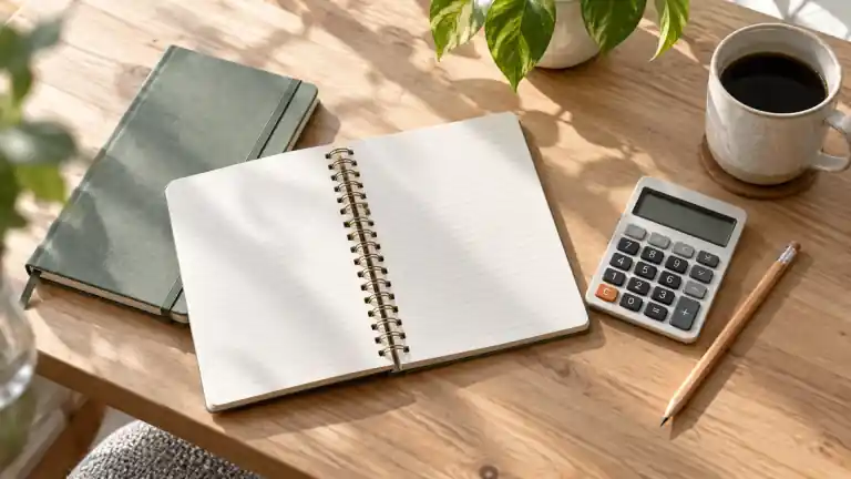 Two notebooks beside a calculator and pencil on a wooden desk