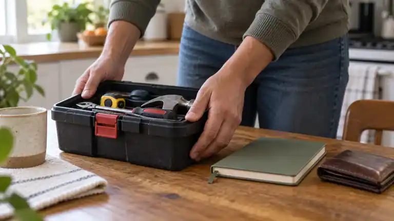 A person placing a toolbox beside a closed notebook and wallet