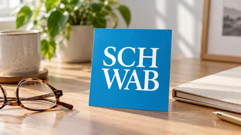 Blue Charles Schwab logo card beside reading glasses