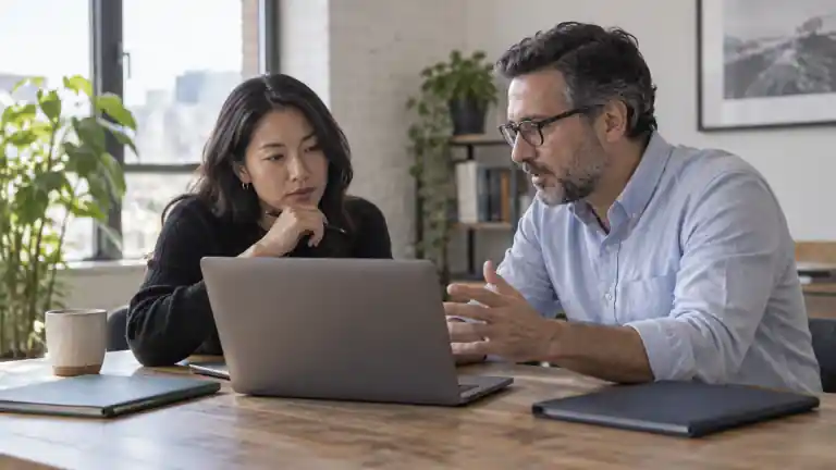 Two people comparing folders while using a laptop