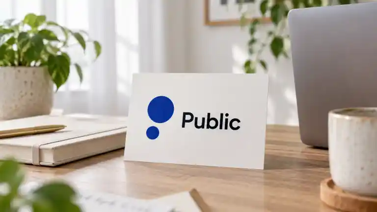 Public logo card beside a notebook and laptop on a desk