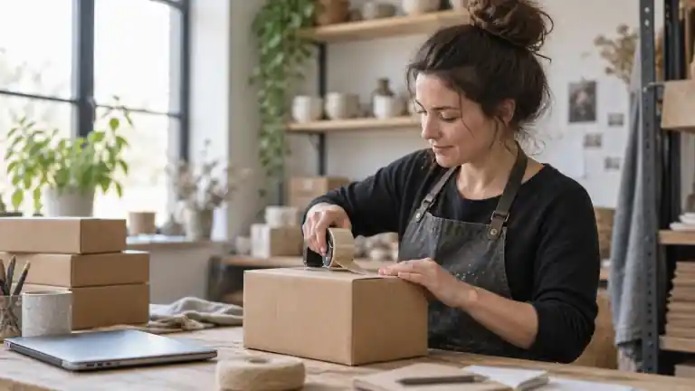 A small-business owner packing a parcel beside a laptop