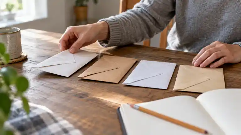 Hands arranging envelopes beside an open notebook