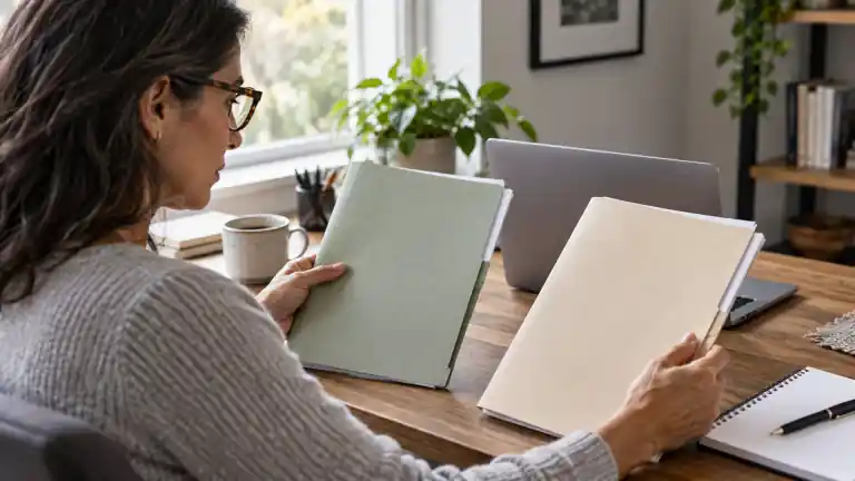 A person comparing two folders beside a laptop at a home desk