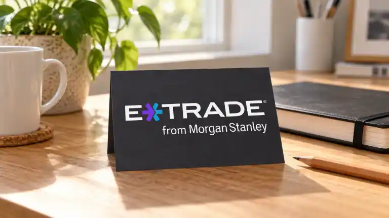 E*TRADE from Morgan Stanley logo card beside a notebook