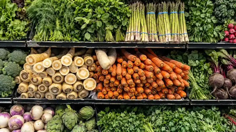 Carrots, parsnips, asparagus and herbs in grocery-store produce bins