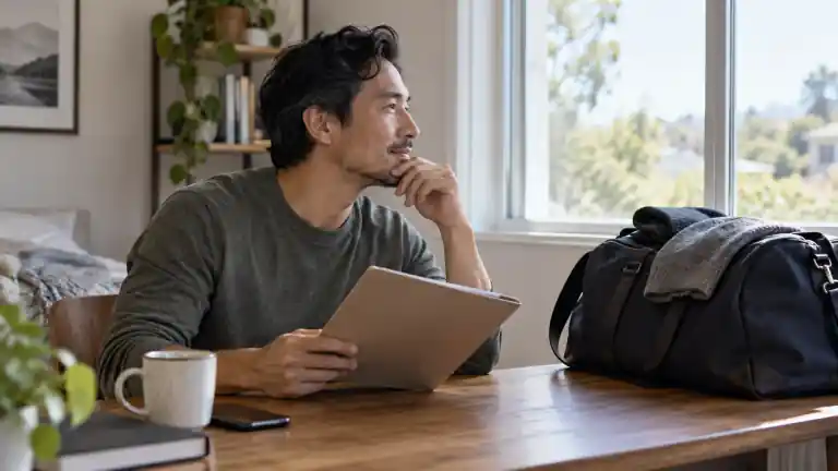 A person holding a folder beside a packed travel bag near a window