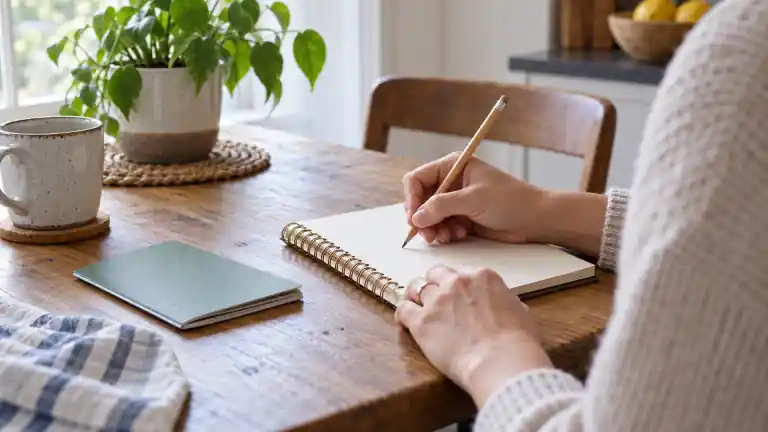 Hands working in a notebook beside a pencil and booklet