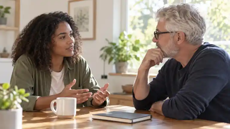 Two adults of different generations discussing a notebook at a table