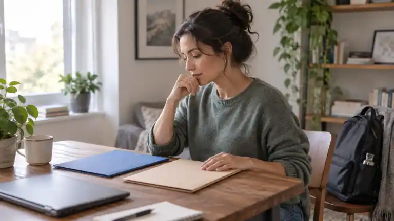 A person comparing two document folders beside a backpack