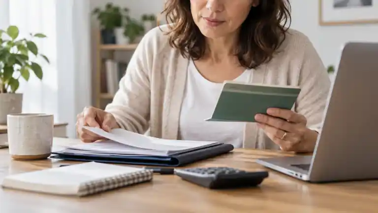 A person reading a booklet beside a paper folder and laptop