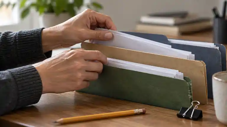 Hands organizing three paper folders on a desk