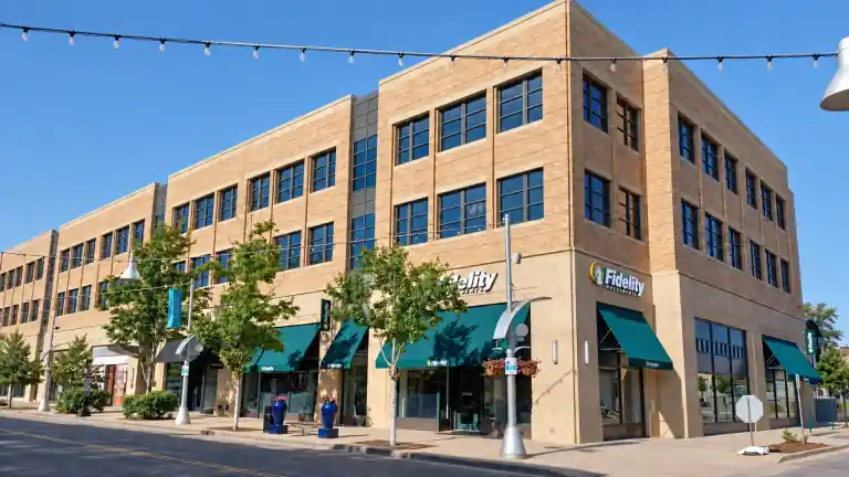 Remixed view of a Fidelity Investments storefront with green awnings
