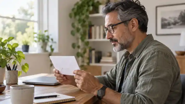 A person with glasses reading a paper at a home desk