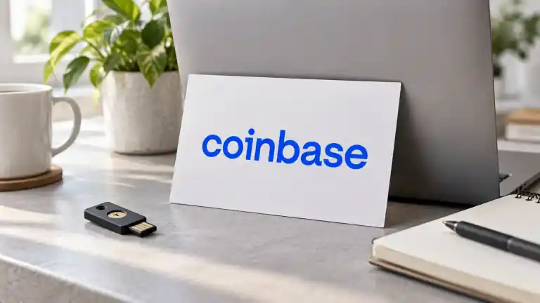 Coinbase logo card beside a laptop and a security key