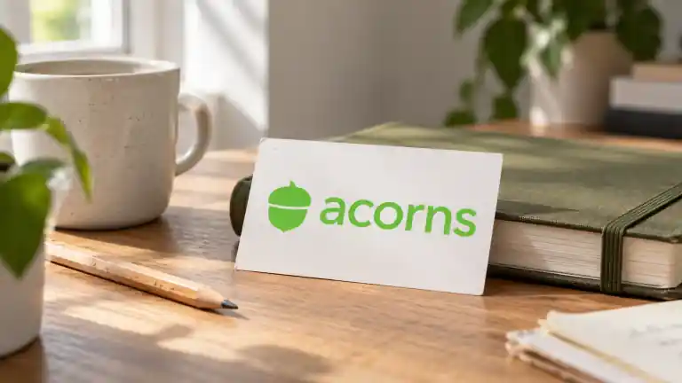 Acorns logo card beside a green notebook and pencil