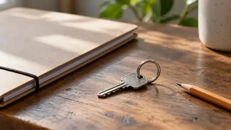 A house key beside a closed notebook and pencil on a wooden table