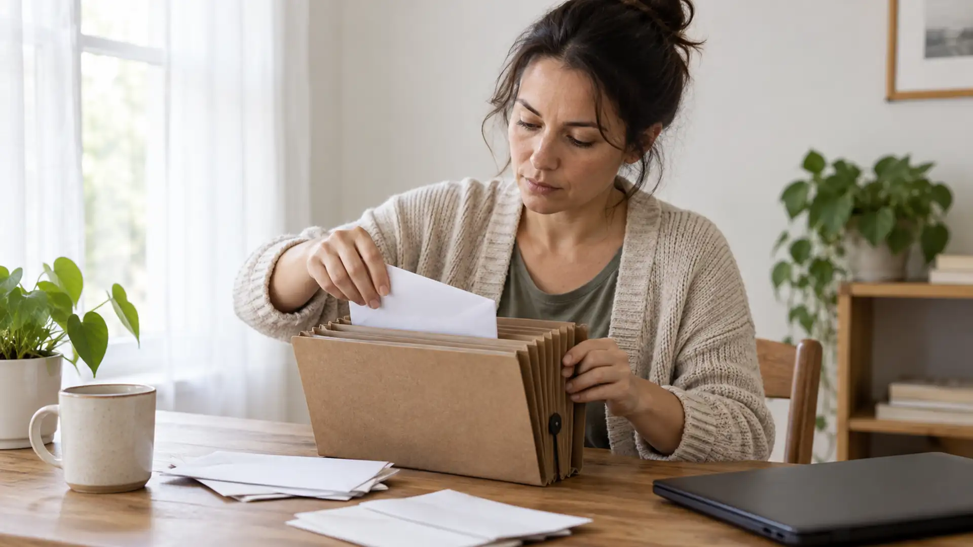 A woman filing household mail in an accordion folder beside a closed laptop