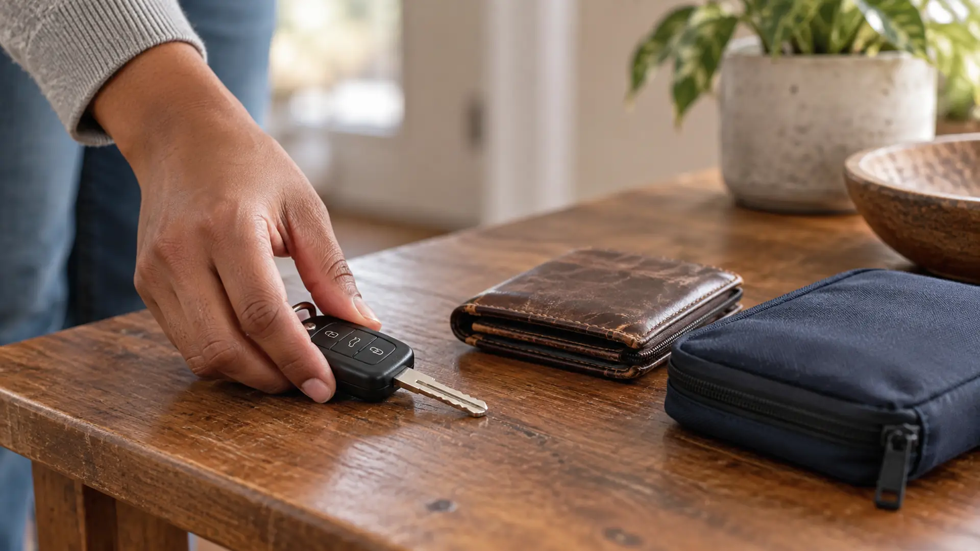 A hand holding a car key beside a wallet and a zippered pouch