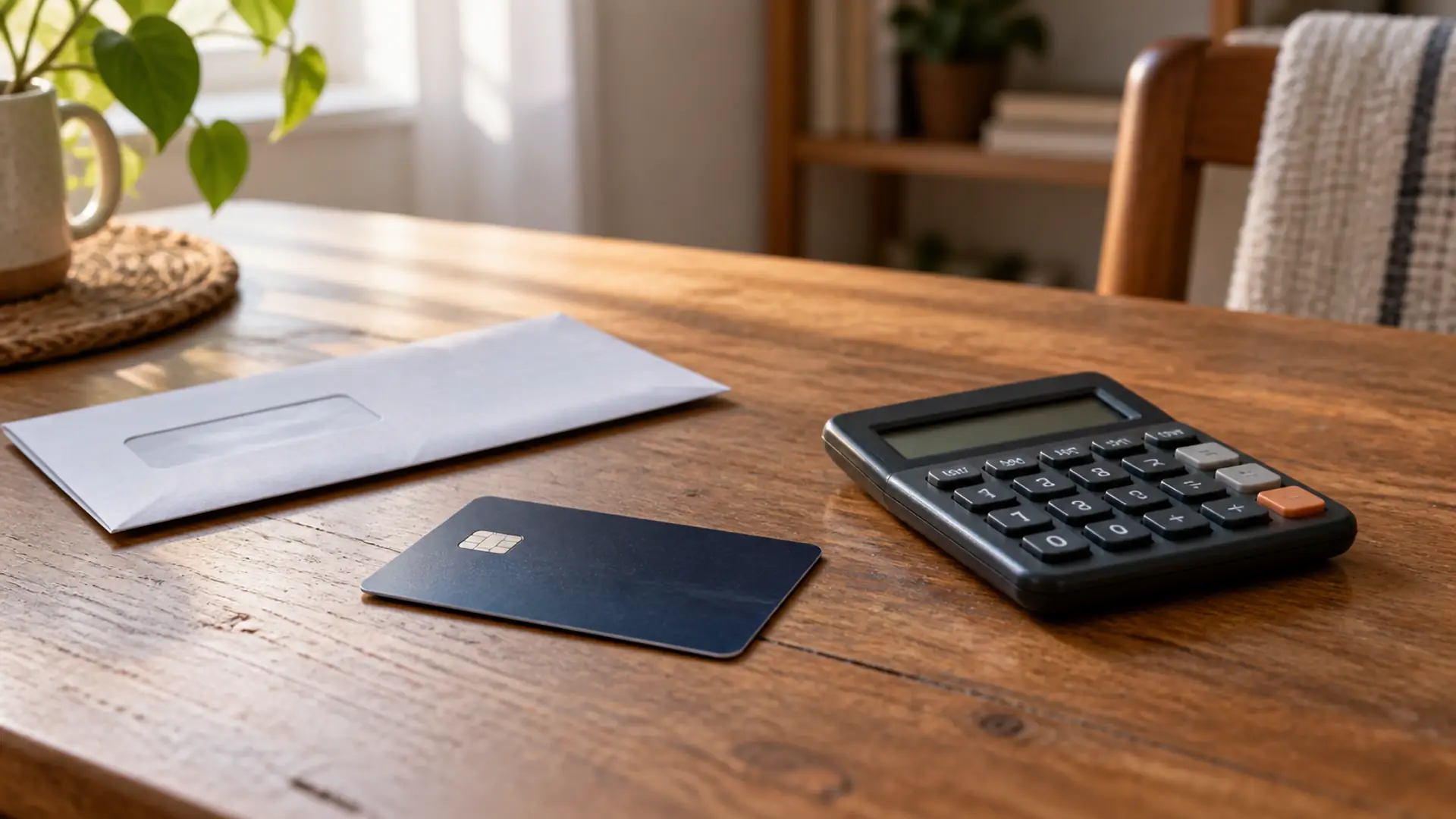 A payment card, calculator and envelope on a wooden table