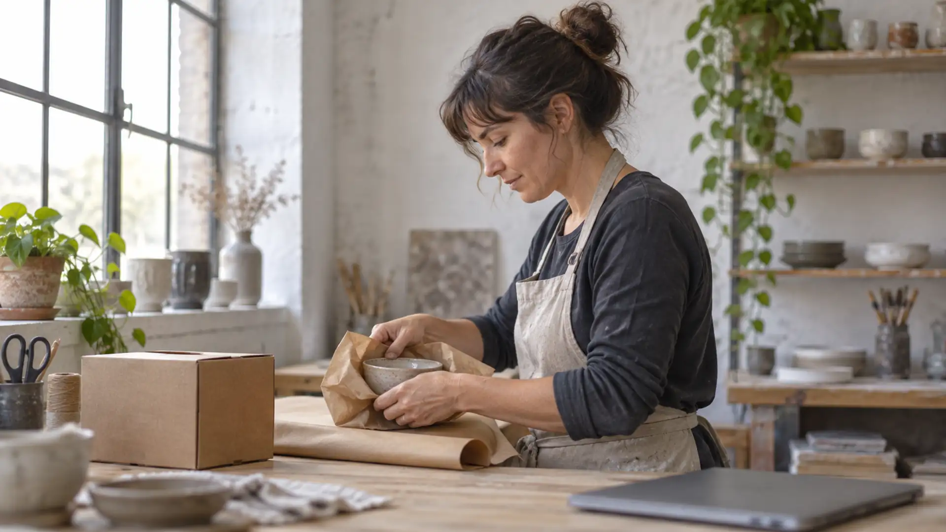A craftsperson wrapping a ceramic bowl in paper beside a shipping box