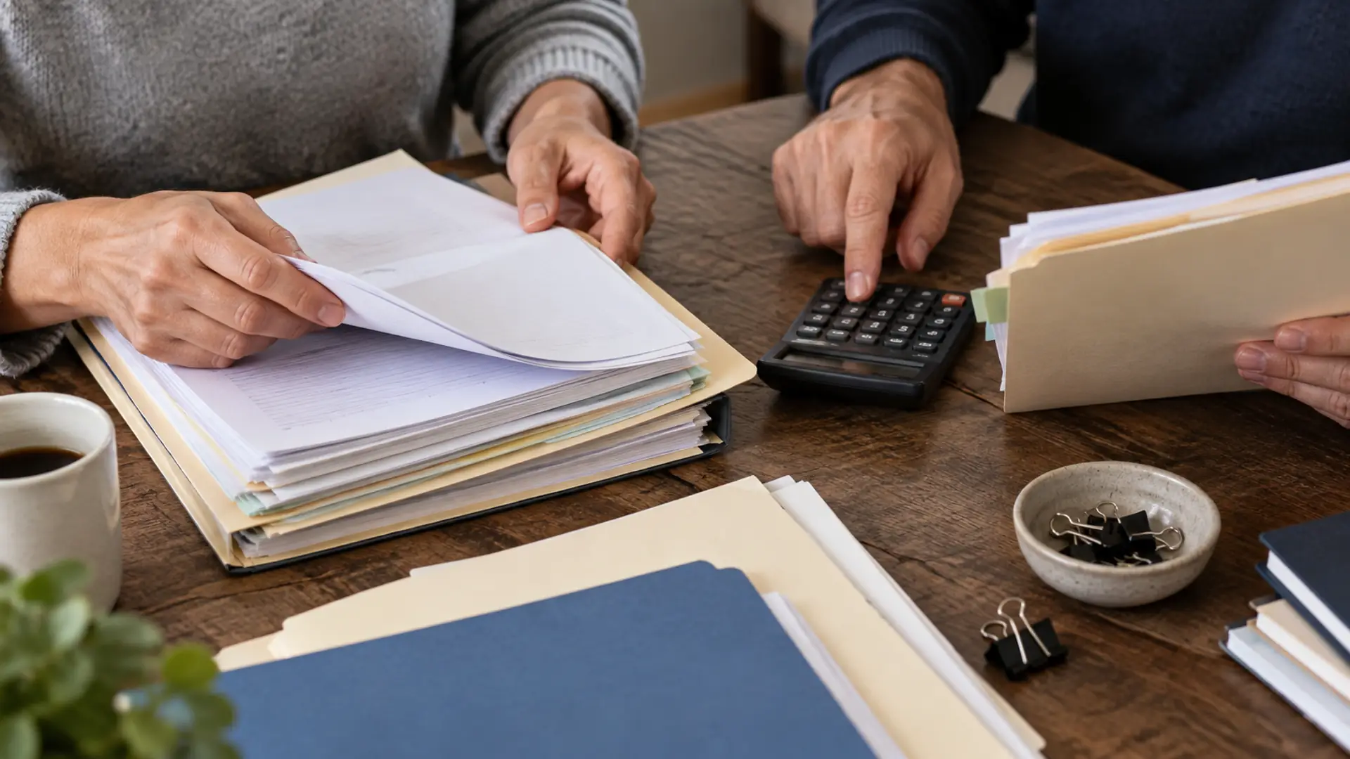 Two people reviewing paper records with a calculator at a table