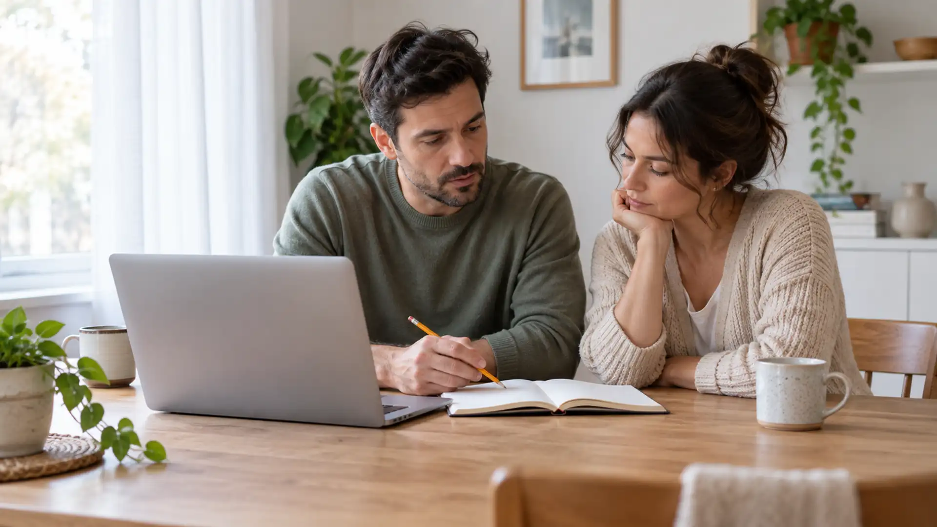 Two adults planning together with a notebook and laptop at a kitchen table