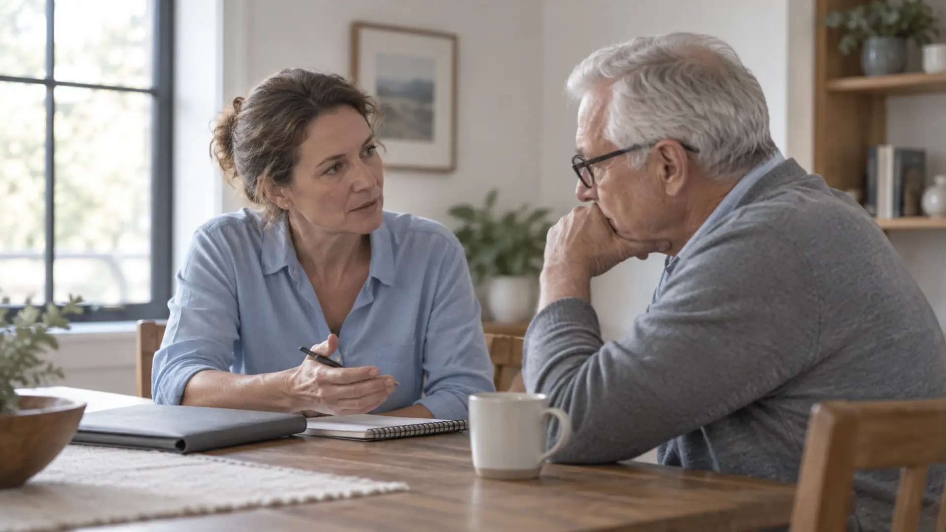 Two adults discussing plans with a notebook and folder at a dining table