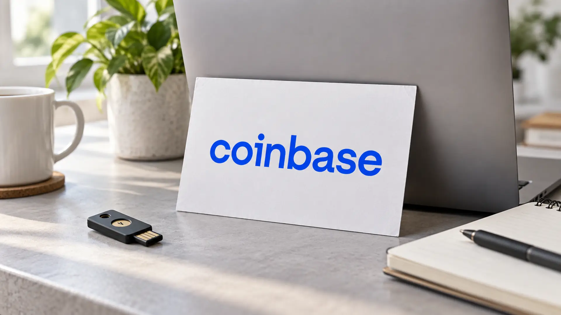 Coinbase logo card beside a laptop and a security key