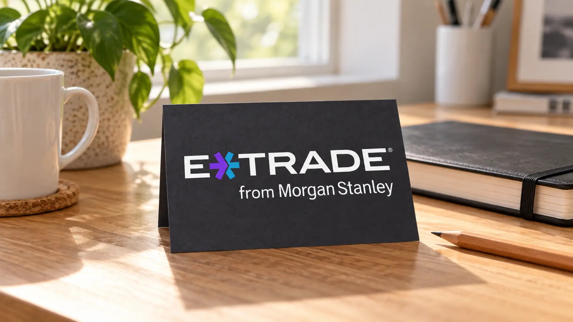 E*TRADE from Morgan Stanley logo card beside a notebook