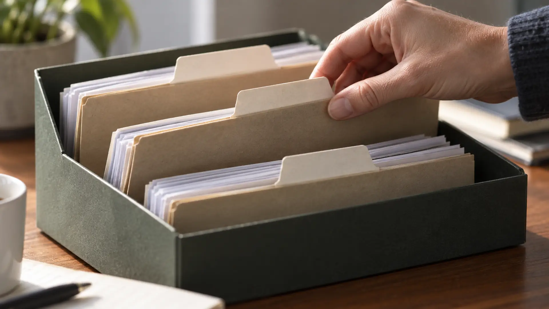 A hand selecting a paper folder from an organized file holder