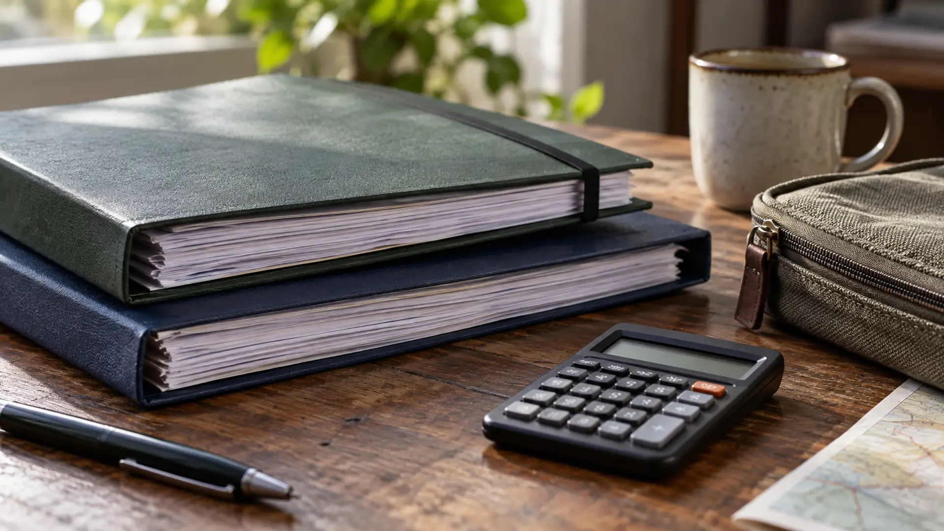 Paper folders and a calculator beside a document pouch on a desk