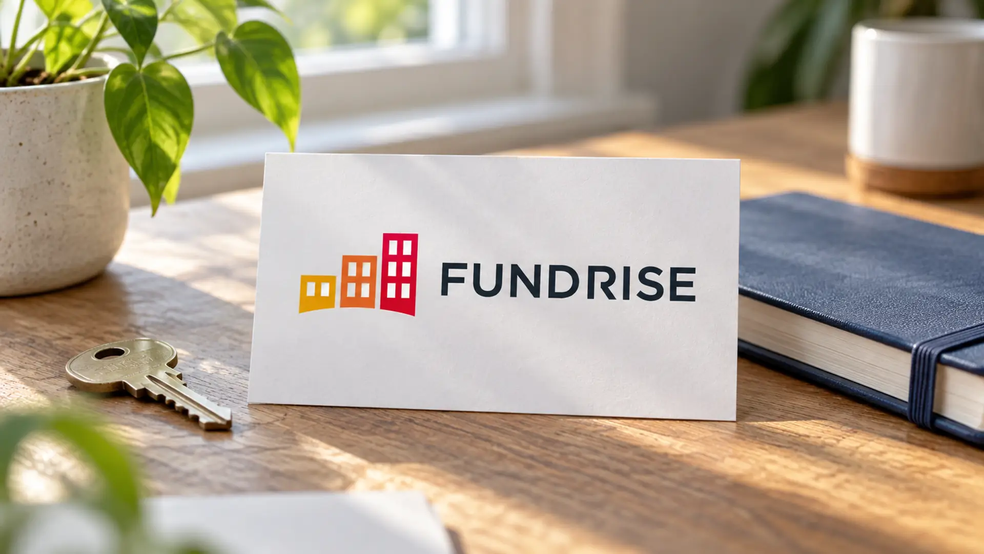 Fundrise logo card beside a house key and a notebook
