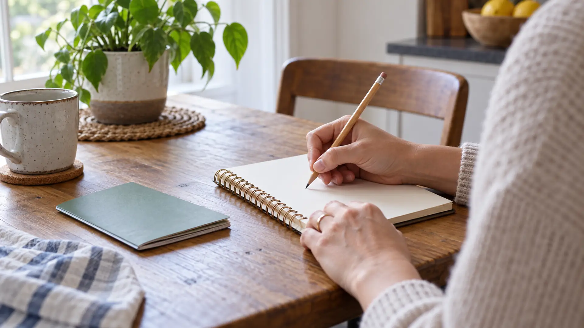 Hands working in a notebook beside a pencil and booklet
