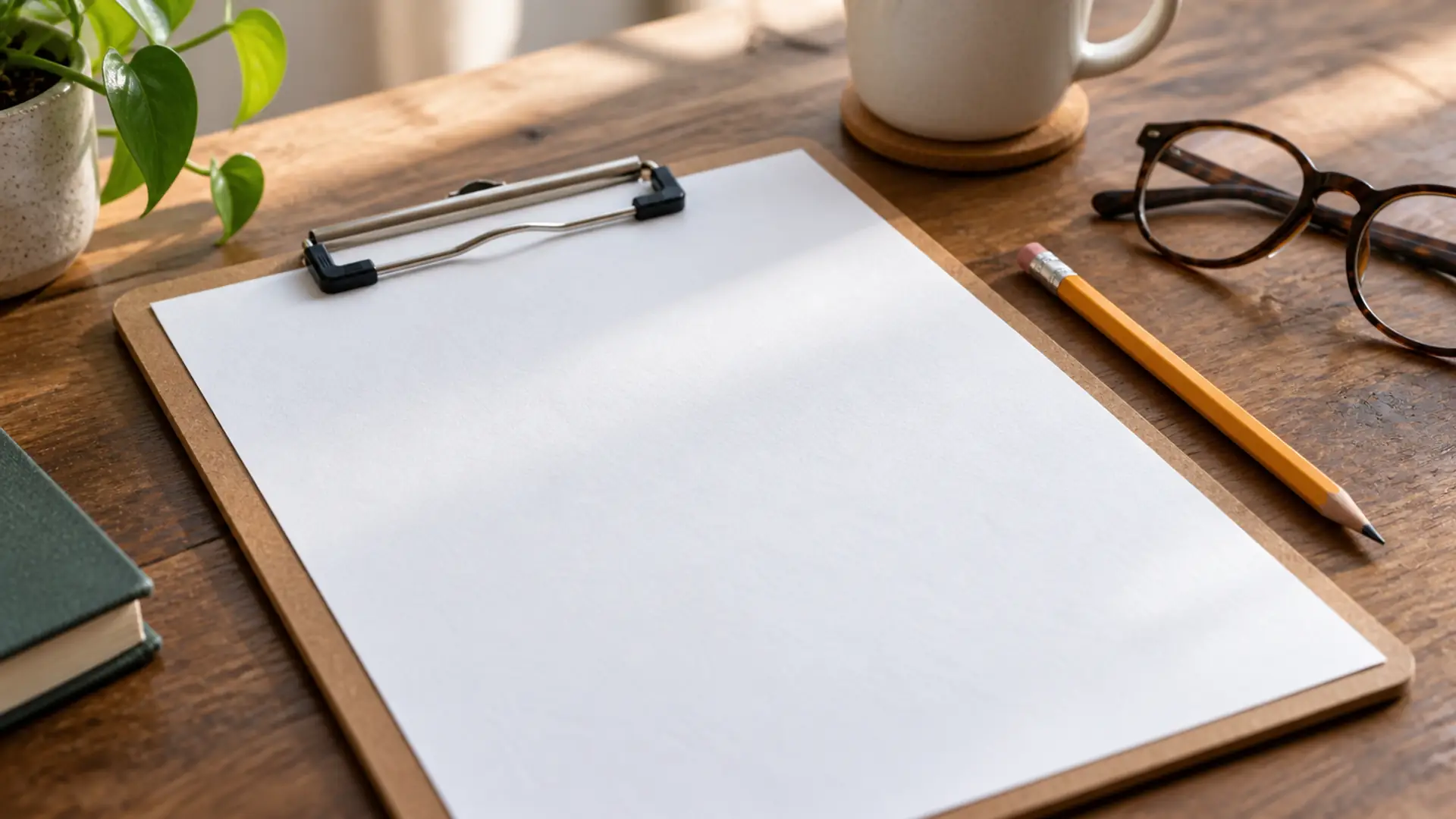A single sheet on a clipboard beside reading glasses