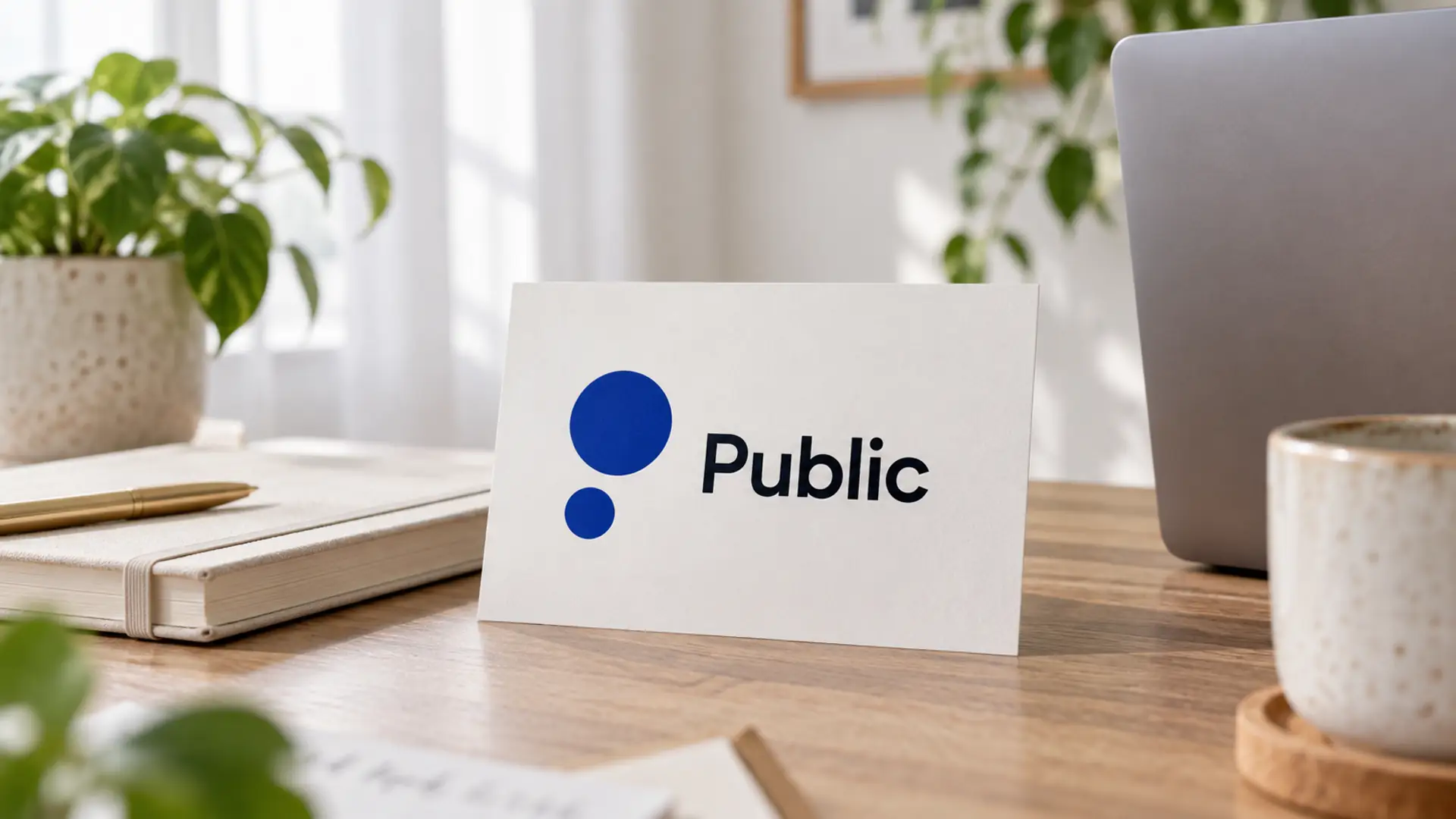 Public logo card beside a notebook and laptop on a desk