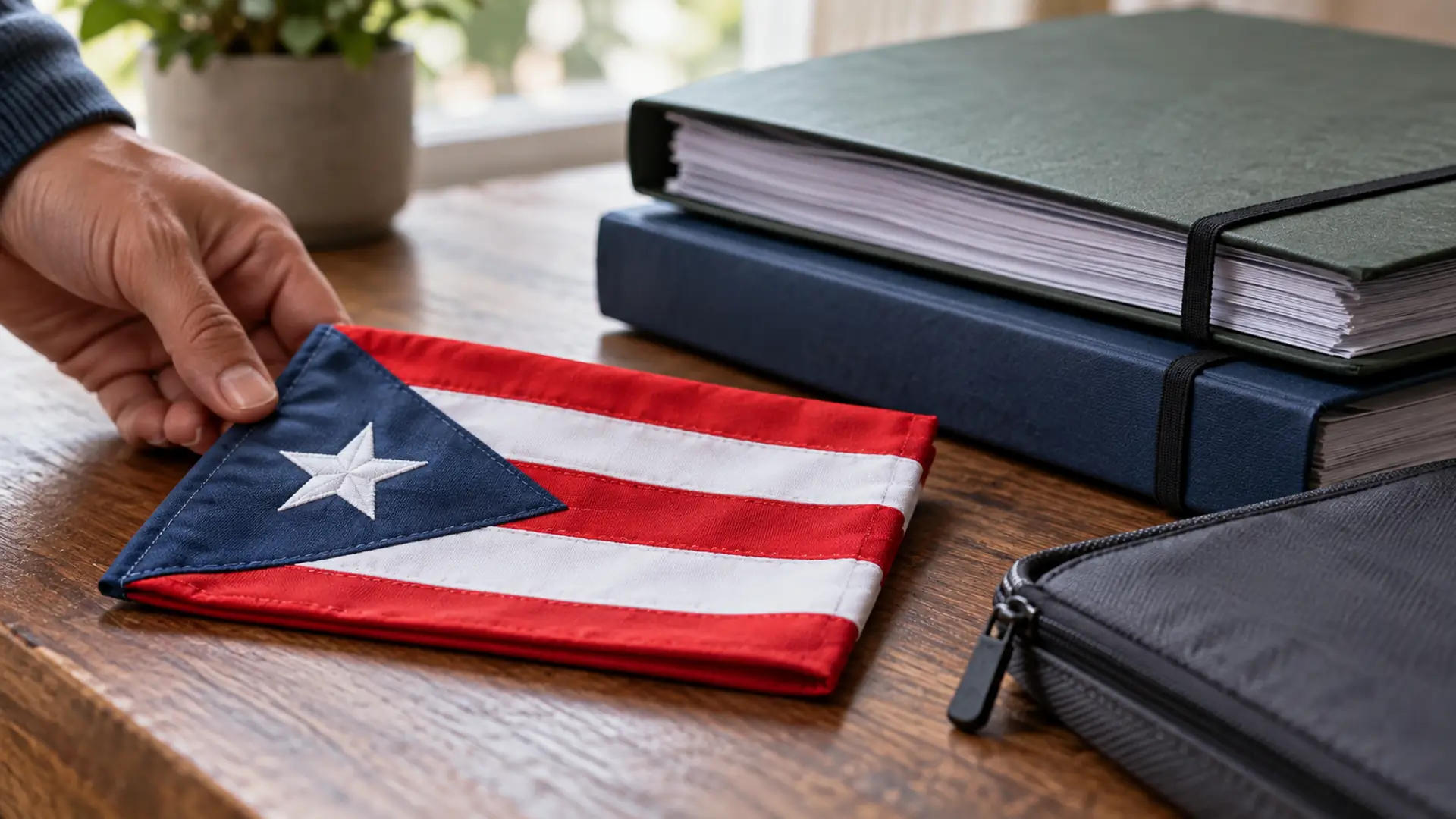 A folded Puerto Rico flag beside document folders and a pouch