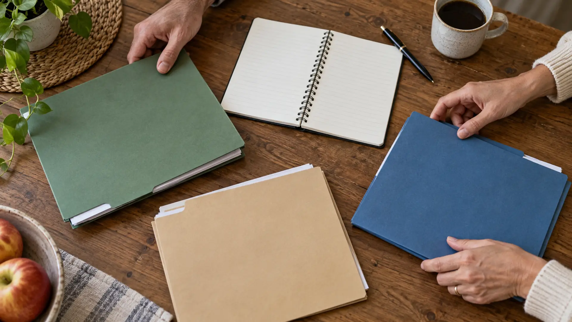 Two people arranging three document folders beside an open notebook