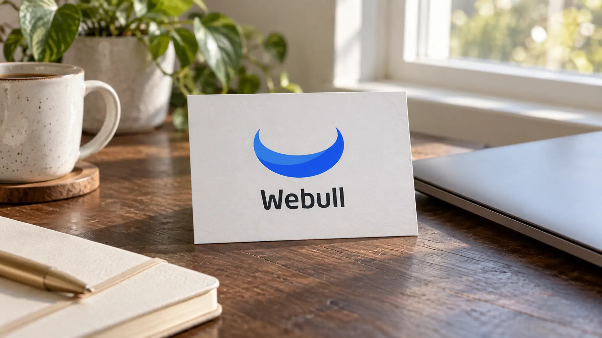 Webull logo card beside a laptop and cream notebook