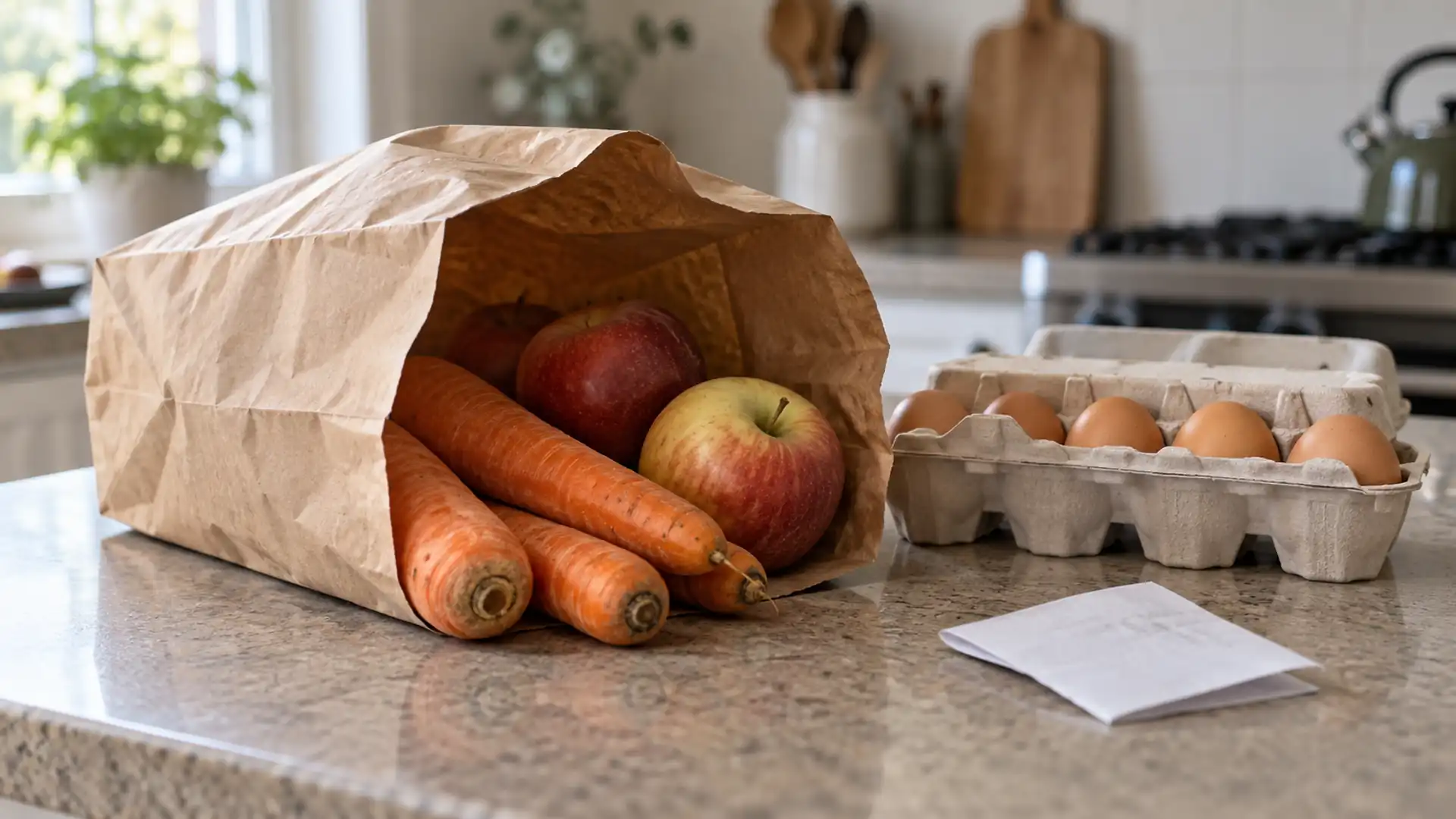 Carrots, apples and a carton of eggs on a kitchen counter beside a folded receipt